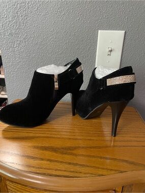 Black Suede High-Heel Ankle Booties with Crystal Strap